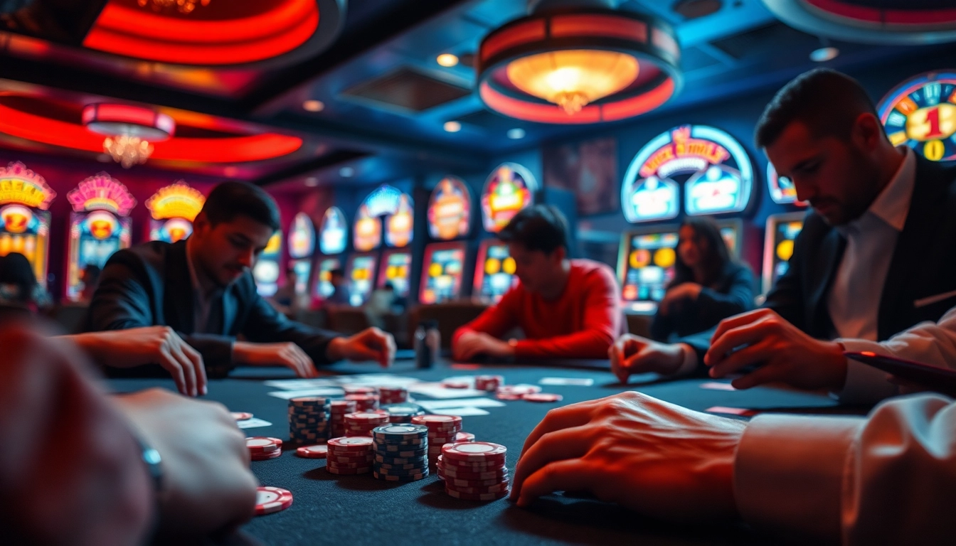 Slot Deposit 5k menarik di kasino dengan pemain poker fokus dan mesin slot berwarna cerah.