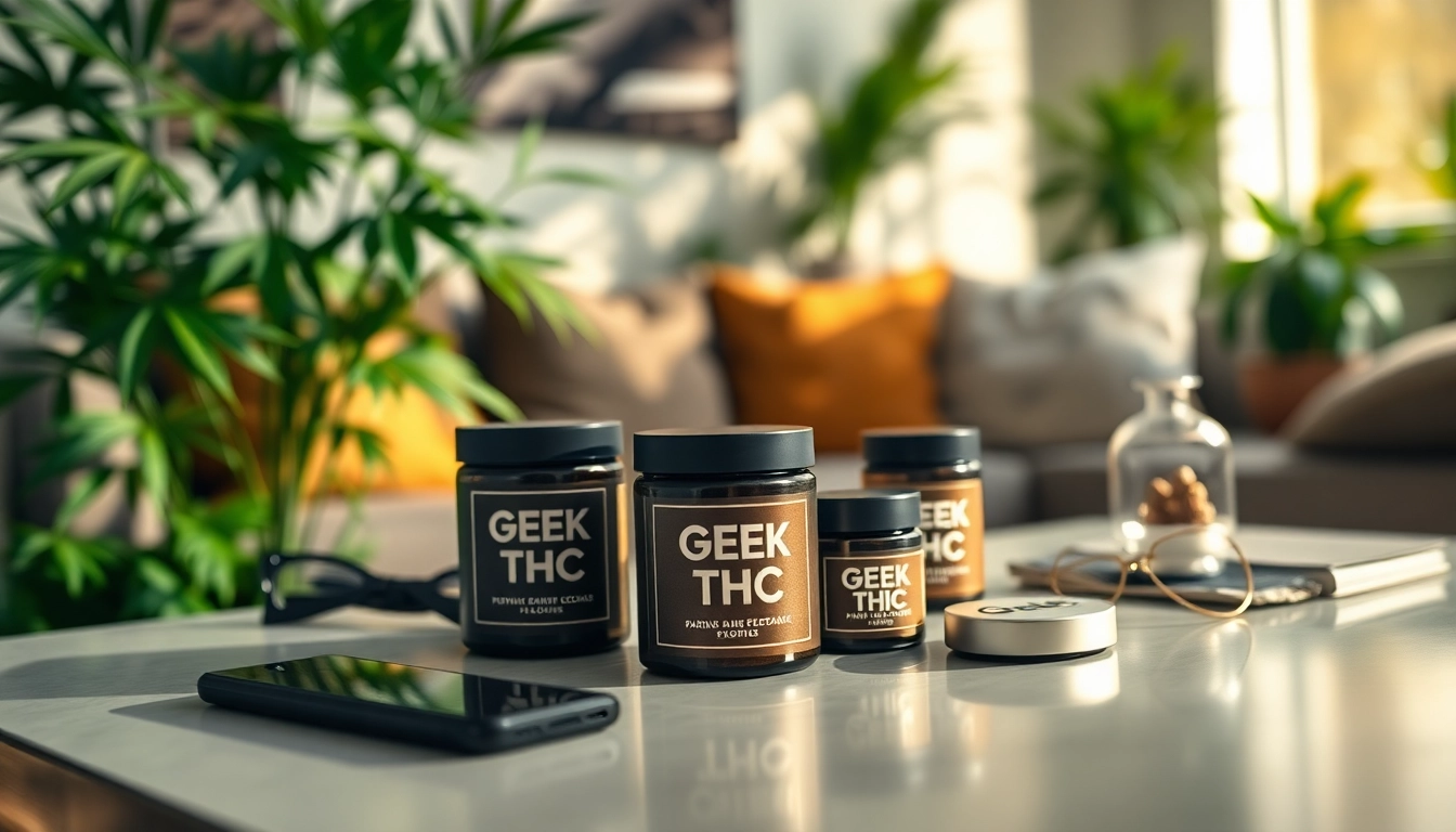 Showcase artistic arrangement of GEEK THC products in a stylish home setting.