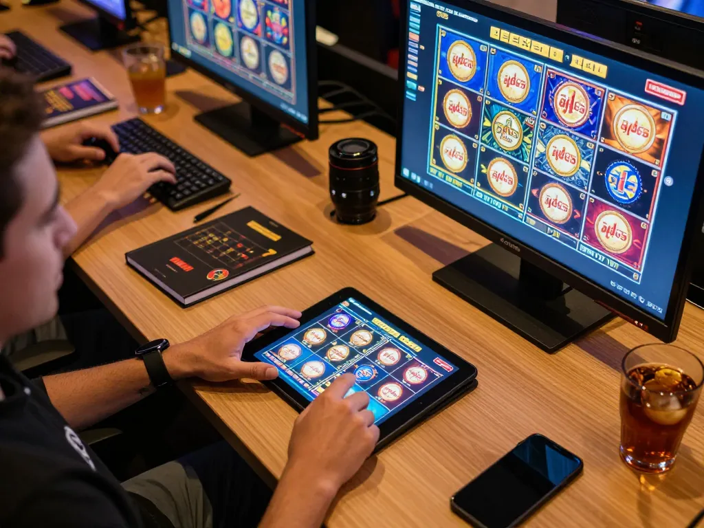 Person engaging with dynamic slot gaco games on multiple screens during an online gaming session