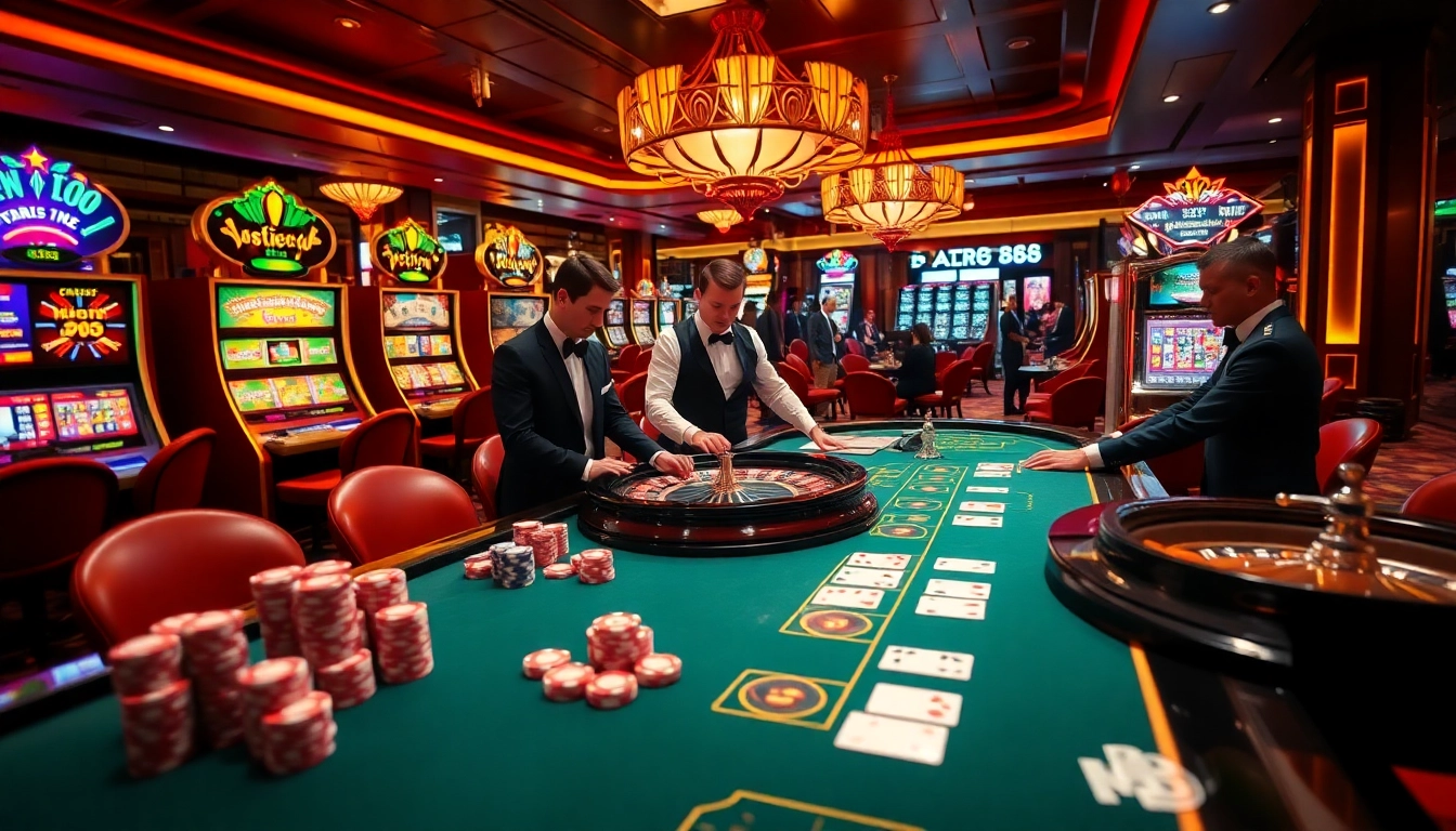 Featuring an exciting casino table scene with dealers and players at https://au88.select/ showcasing vibrant poker chips and cards.