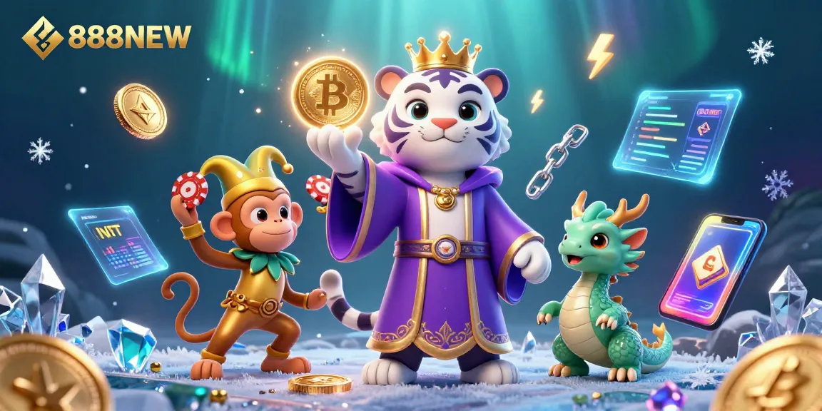 Engaging scene of 888NEW with a royal white tiger, juggling monkey, and lively jade dragon in a vibrant casino atmosphere.