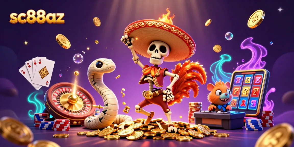 Experience the thrill of sc88az with a lively cartoon scene showcasing vibrant casino characters and golden treasures.
