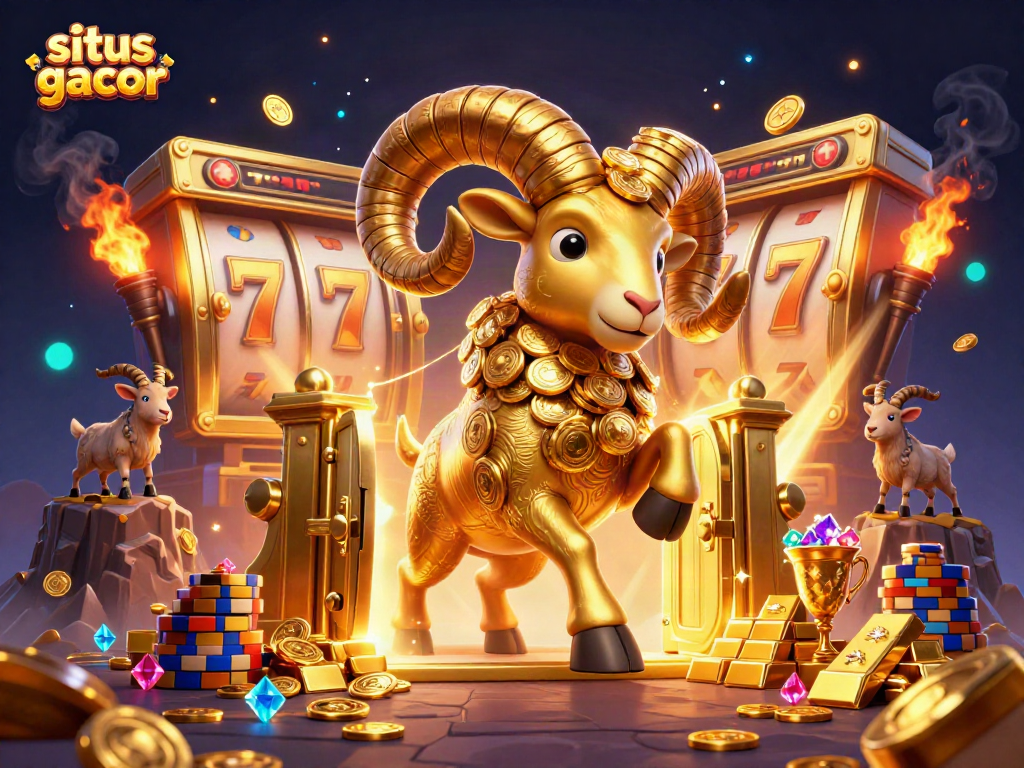 Situs gacor showcases a golden ram charging through a sparkling casino scene filled with treasure.