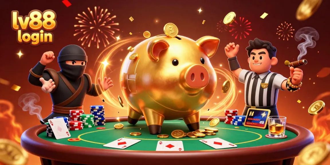 Experience lv88 login excitement with golden piggy bank wrestler and vibrant casino elements in action.