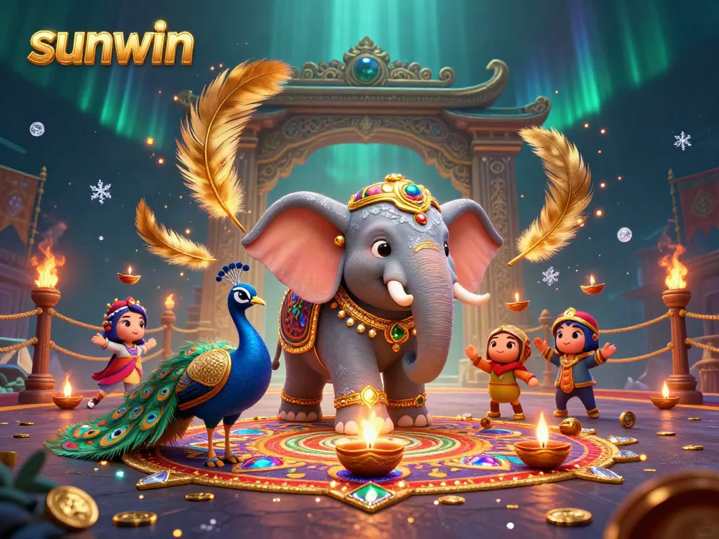 Join the fun at sunwin with a vibrant casino-themed scene featuring a cartoon elephant and peacock amidst golden coins.