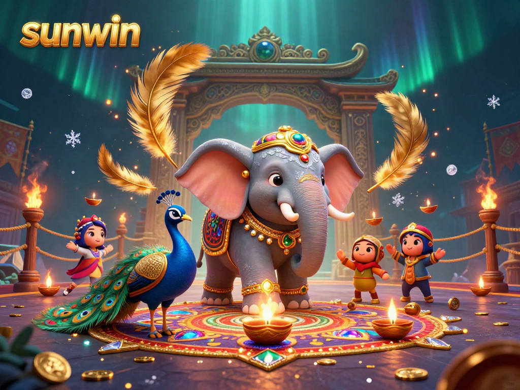 Join the fun at sunwin with a vibrant casino-themed scene featuring a cartoon elephant and peacock amidst golden coins.