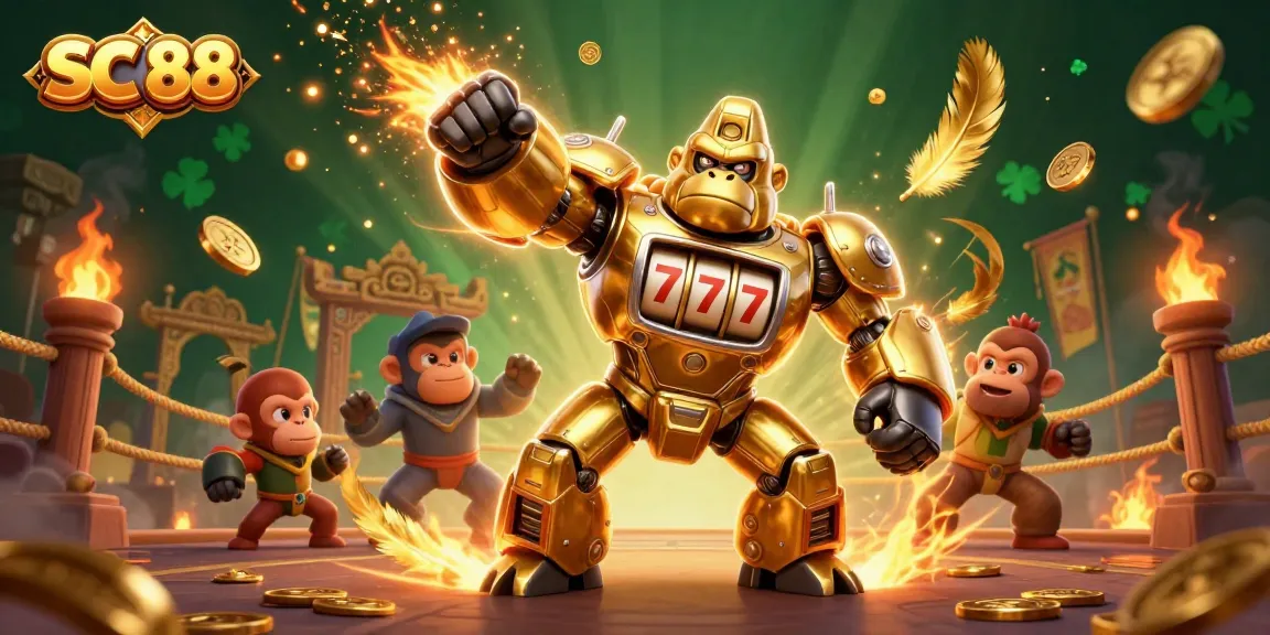 Engage with SC 88 gameplay featuring a golden gorilla mech amidst dynamic casino elements.