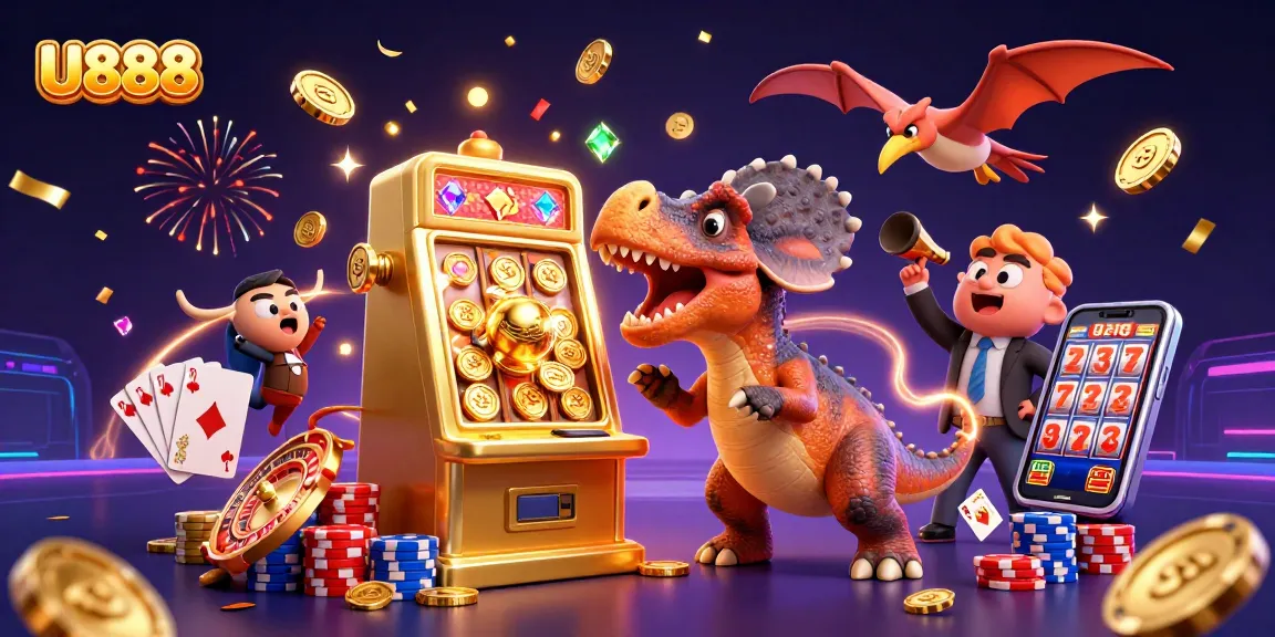 U888 features a pachycephalosaurus celebrating a jackpot on a golden slot machine while coins fly in every direction.