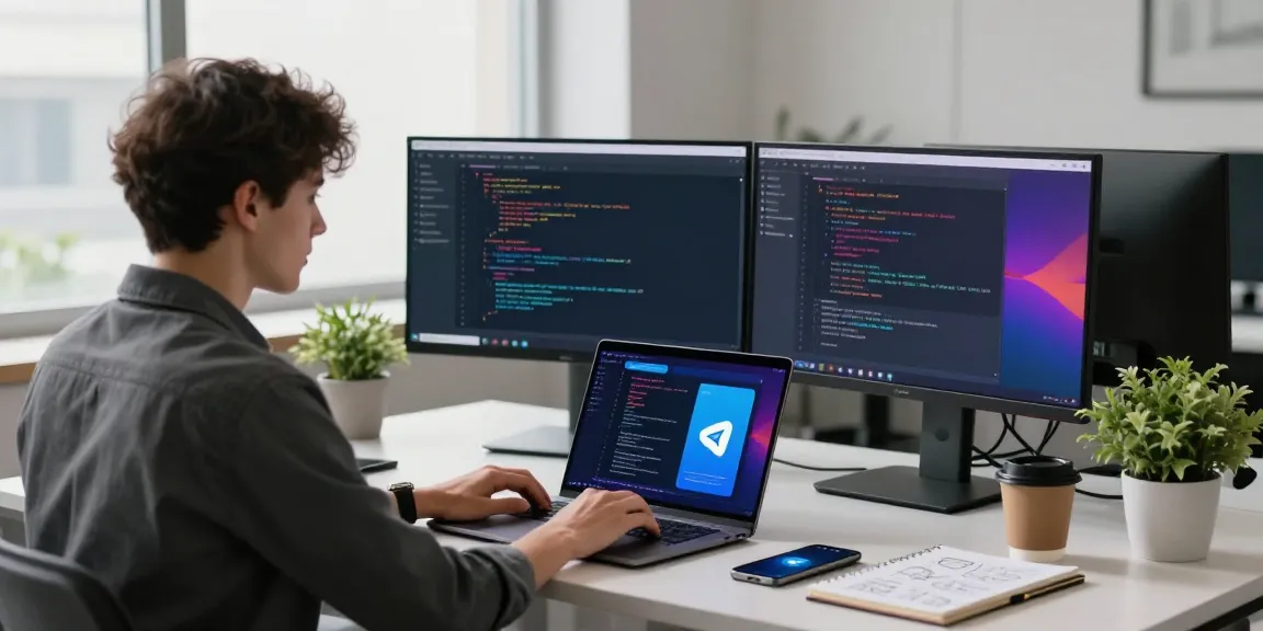 Seamless work setup showcasing a developer using telegram中文 on screen, emphasizing modern tech communication.