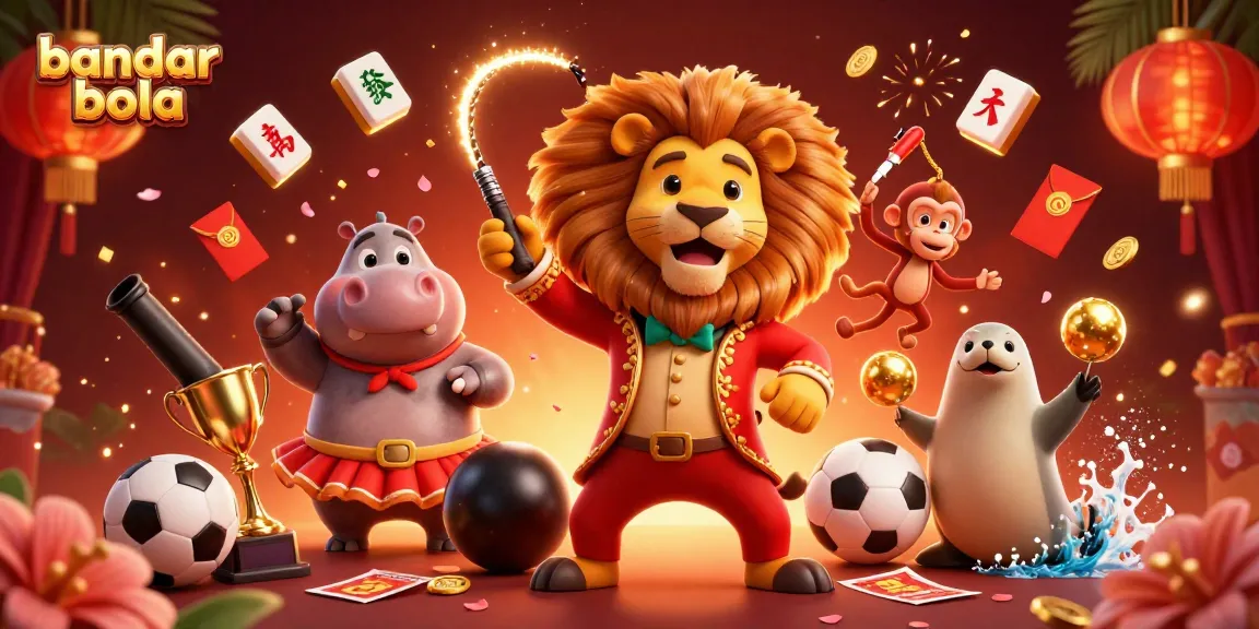 Engage with bandar bola sports betting as vibrant 3D characters surround trophies and betting slips.