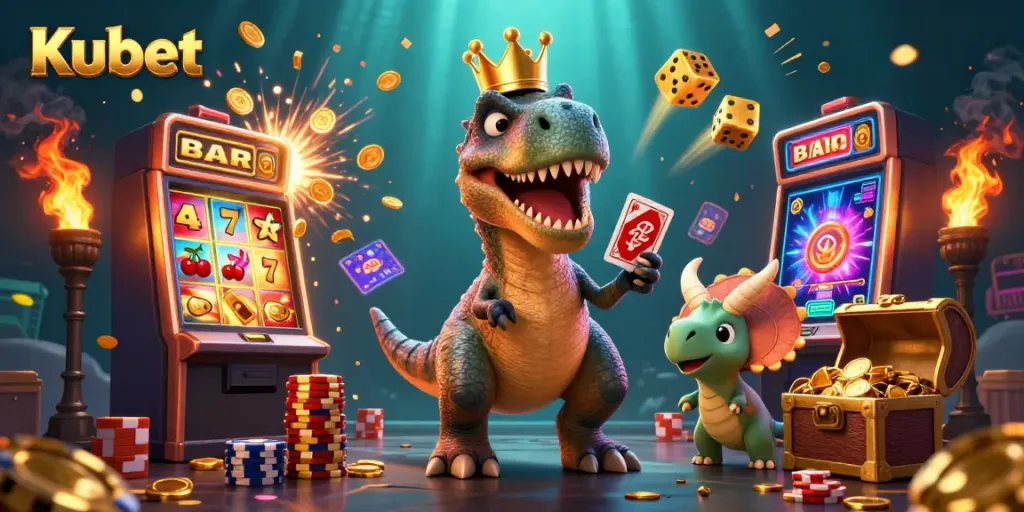 Experience thrilling gameplay with Kubet's vibrant casino scene, featuring a friendly T-Rex and golden jackpot elements.