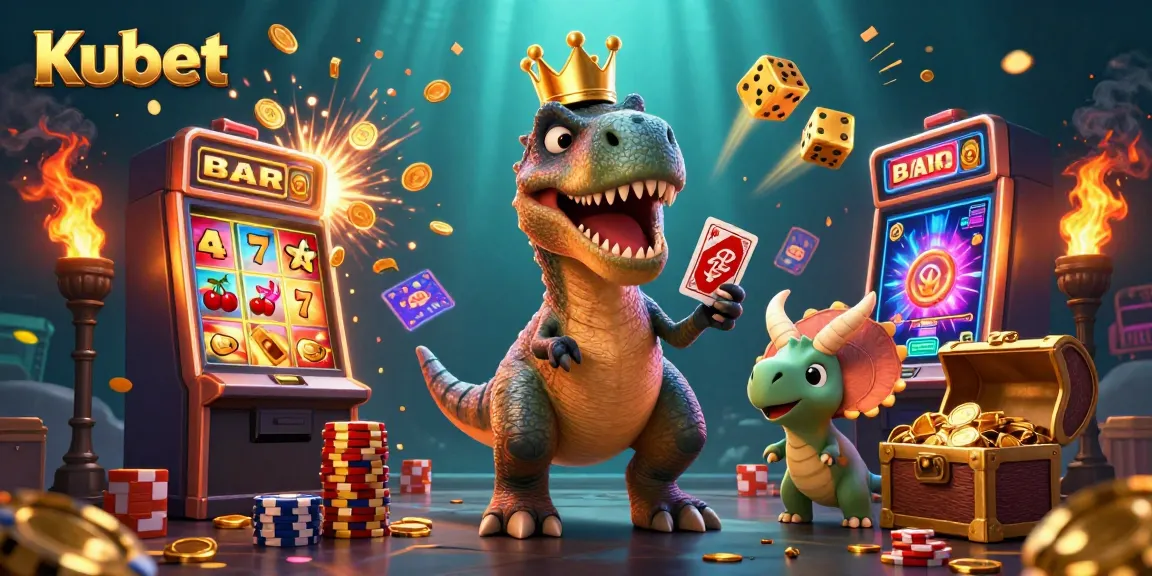 Experience thrilling gameplay with Kubet's vibrant casino scene, featuring a friendly T-Rex and golden jackpot elements.