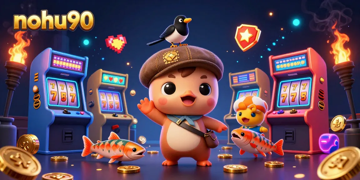 Join the nohu90 adventure with playful Nessie surrounded by exciting casino elements.