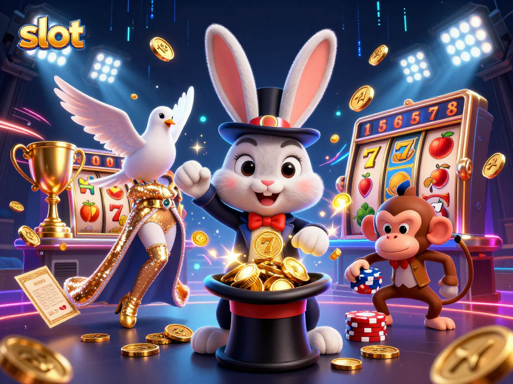 Spin the slot reels with the magician rabbit while golden coins rain down in this engaging casino scene.