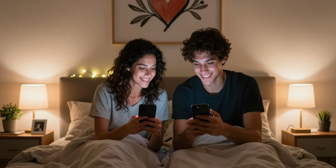 Young couple sexting AI messages in cozy bedroom atmosphere.
