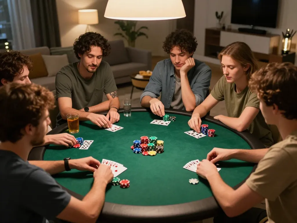 L567 players engaging in a friendly poker night while strategizing their bets around a table