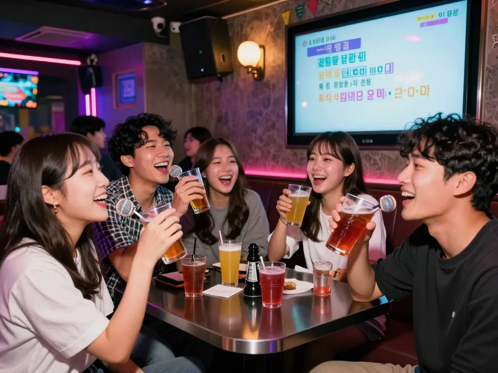 Exciting 제주유흥 nightlife with friends singing at a lively karaoke bar.