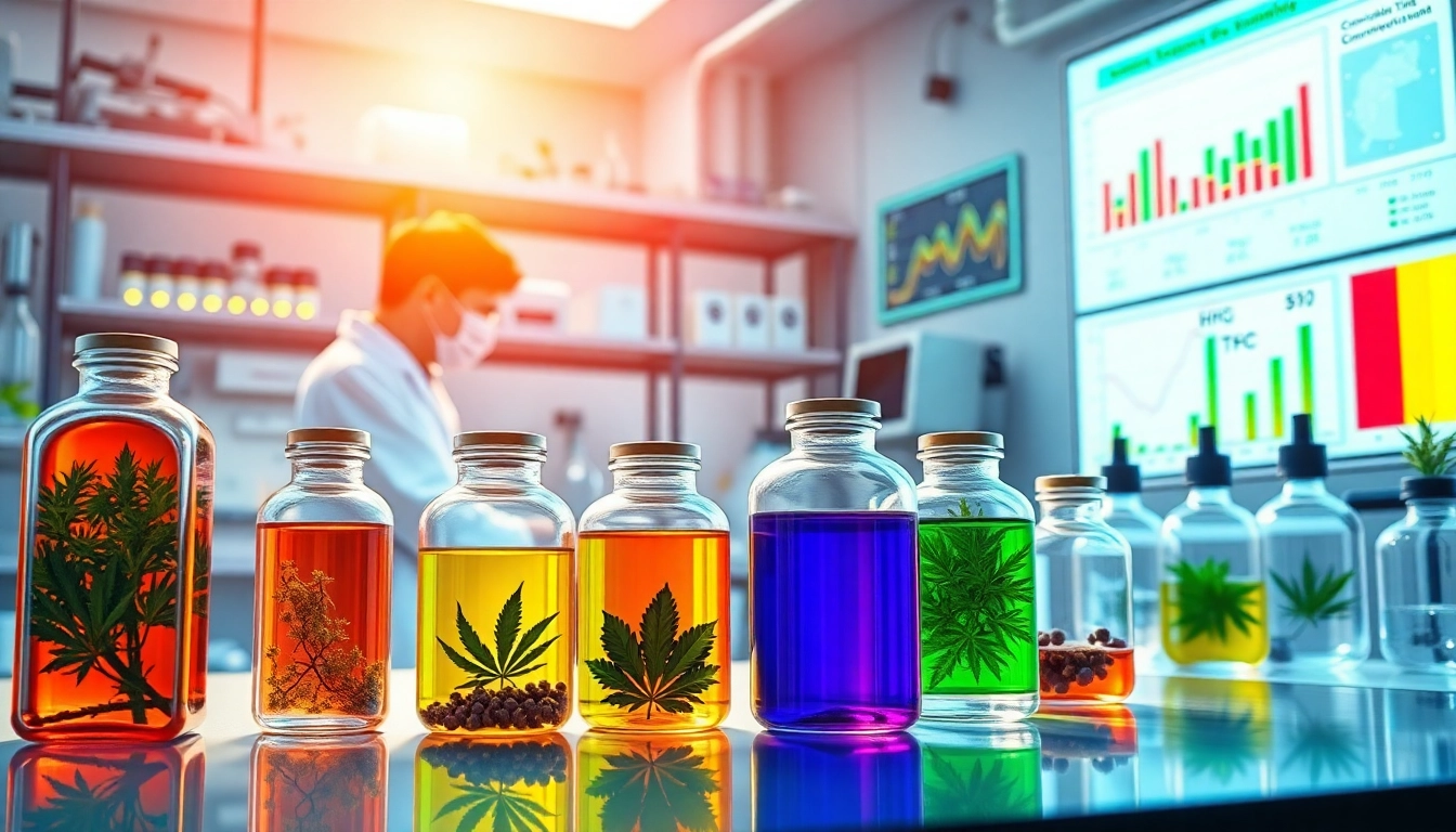 GEEK THC experiments in a modern lab filled with colorful cannabis products and high-tech equipment.