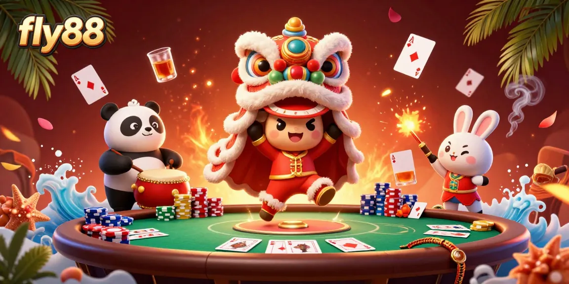 Experience the excitement of fly88 with a vibrant casino scene featuring lively characters and poker elements.