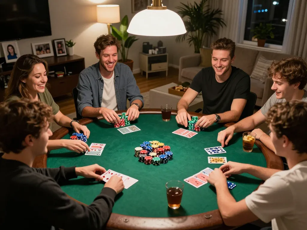 Friends engage in a poker game at home, creating a social atmosphere for 32win enthusiasts and fostering strategic gameplay.