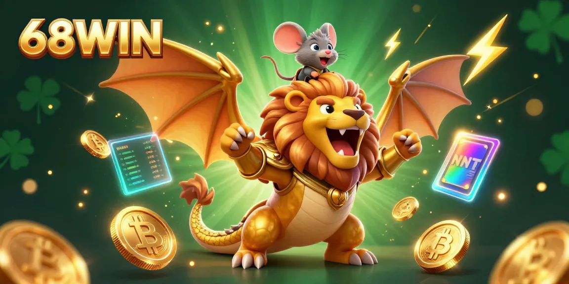 Join the thrilling action at 68WIN with golden chimera and glowing crypto elements in this vibrant casino scene.