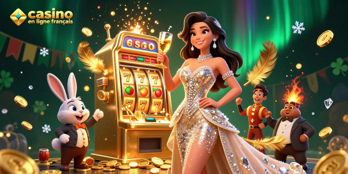 Vivez des gains passionnants au casino en ligne français avec une scène glamoureuse mettant en vedette des machines à sous à jackpot et une célébration vibrante.