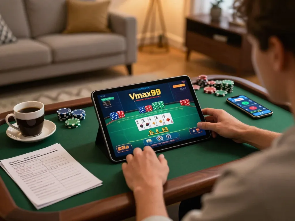 Engaging moment on https://vmax99.vip/ with a player enjoying online poker, displaying cards and chips in a cozy home setting.