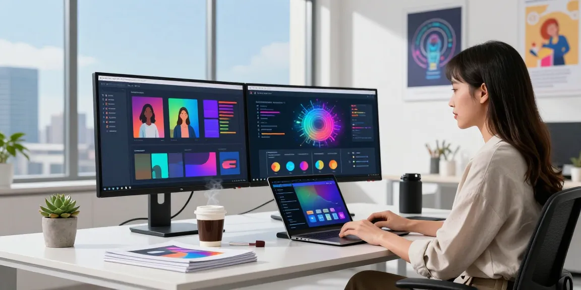 AI prompt image generation workspace featuring dual monitors, vibrant graphs, and a professional woman in a tech office.