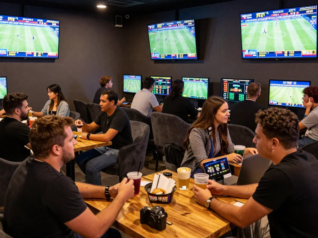 Engaged bettors analyzing live sports odds in vibrant 888NEW lounge atmosphere.