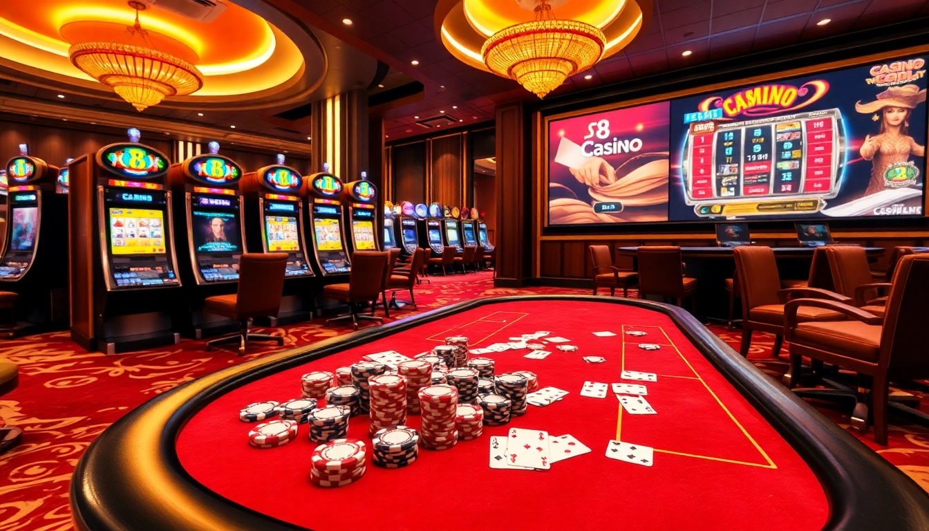 Experience the thrill of s8 casino with vibrant slot machines and a luxurious poker table.