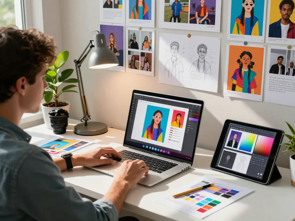 Professional using the Nano Banana Pro AI Image Editor in a vibrant creative workspace with design inspirations.
