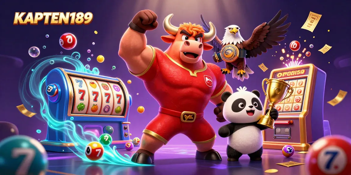 KAPTEN189 merayakan kemenangan dengan simbol jackpot dan bola lotere di ilustrasi kasino yang ceria.