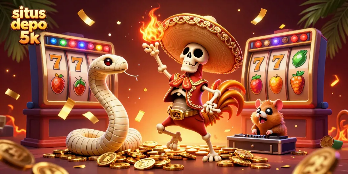 Slot depo 5k menampilkan skeleton rooster merayakan kemenangan dengan simbol slot dan emas.