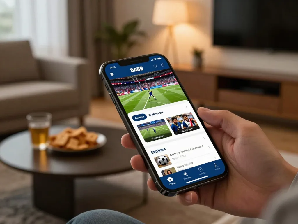 Betting on the DA88 app in a cozy living room, showcasing engaging sports action.
