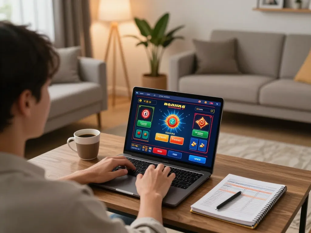 Engaging in online casino gaming with xx88 asia in a cozy living room setting, highlighting strategy notes beside the laptop.
