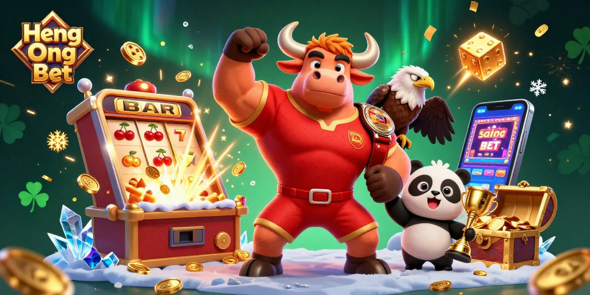 Heng Ong Bet celebrates wins with a victory pose by a bull mascot and a joyful panda in a vibrant casino setting.