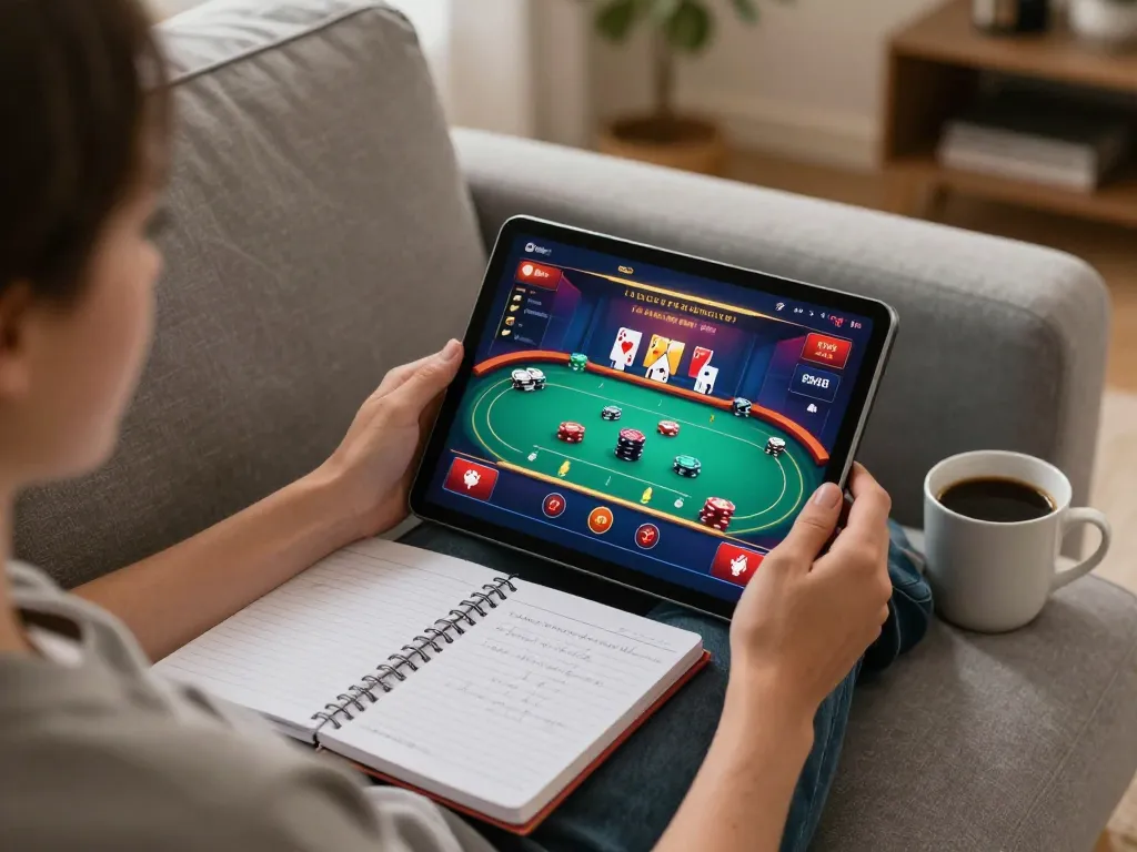 Experience dn88s online poker game on a tablet in a cozy home setting with betting strategies