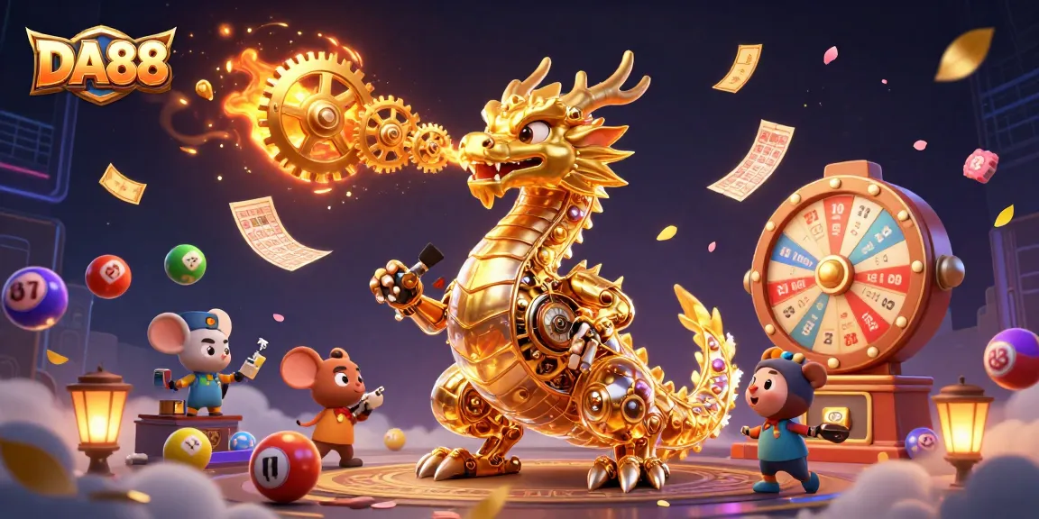 Experience thrilling action with DA88 as the golden dragon unleashes gears in this vibrant casino scene.