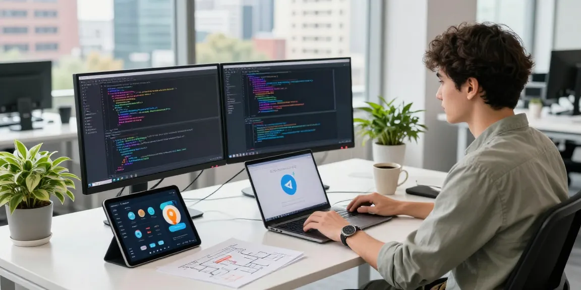 Developer using 纸飞机中文版 on dual monitors in a modern workspace