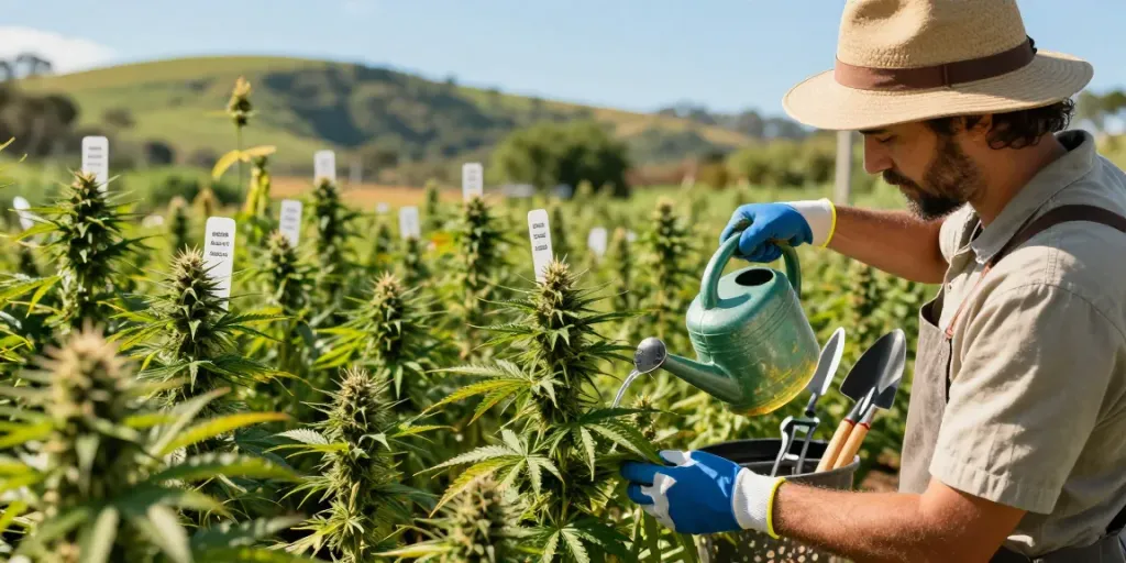 Gardener showcasing cannabis seeds Australia in vibrant outdoor setting with lush plants.