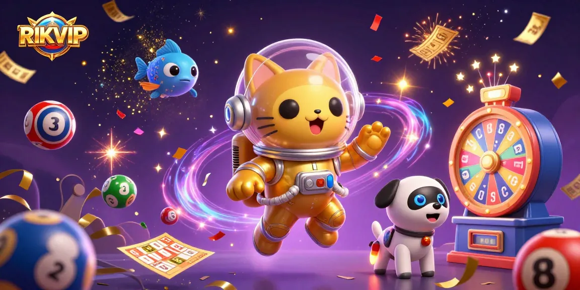 Experience the vibrant games at RIKVIP with this energetic casino-themed illustration.