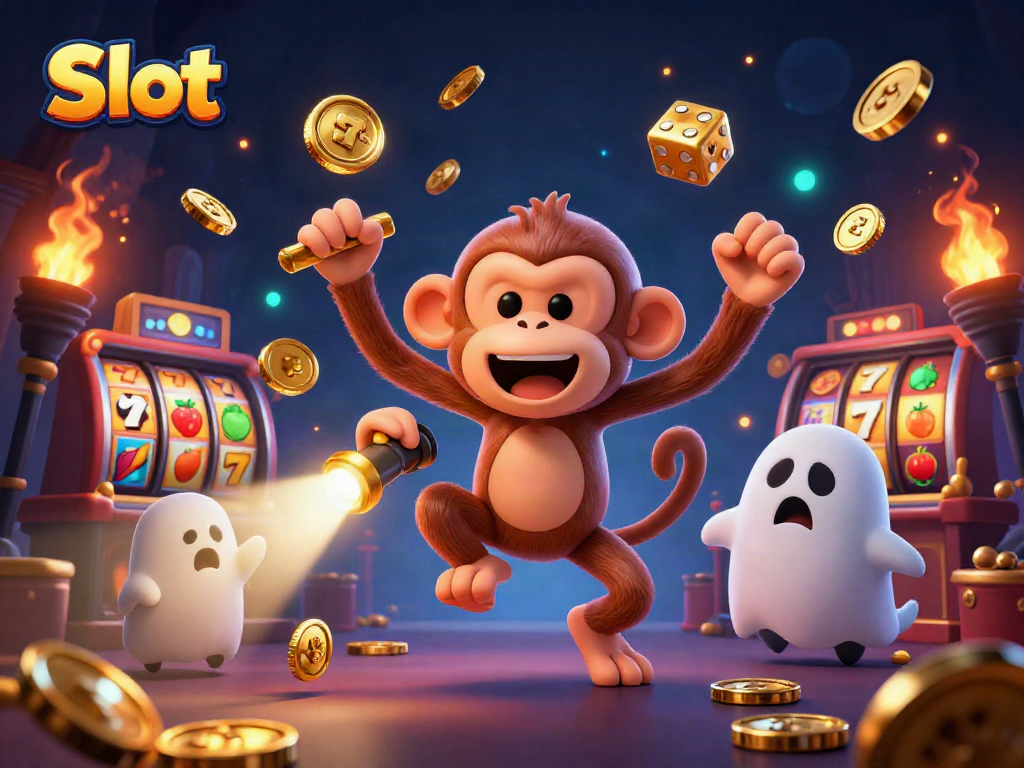 Spin the reels of Slot with a playful ghost monkey juggling gold coins and a curious puppy chasing it.