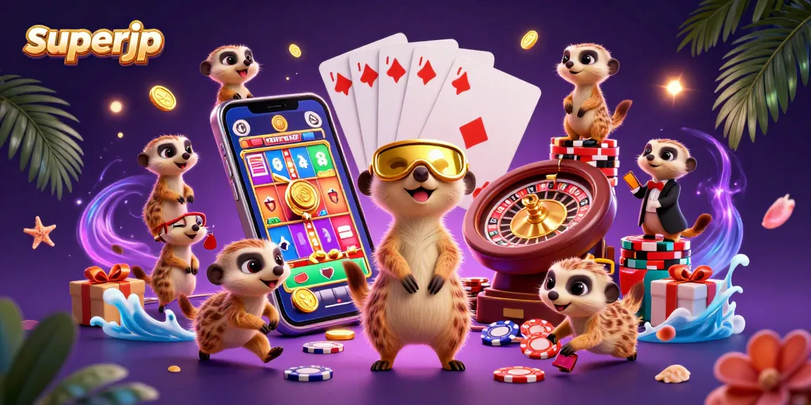 Engage with superjp's vibrant casino world as meerkats manage games, revealing golden coins and slot excitement.