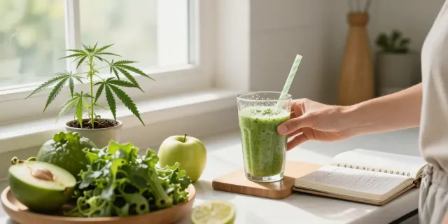 Buds UK: Fresh CBD-infused smoothie preparation with hemp extract for natural wellness.