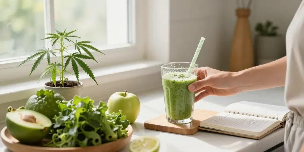 Buds UK: Fresh CBD-infused smoothie preparation with hemp extract for natural wellness.