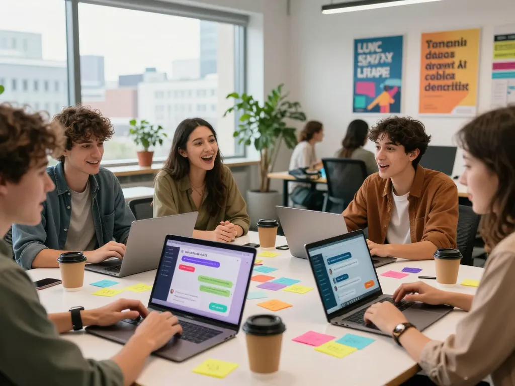 Collaboration session on spicychat app features in a vibrant co-working space.