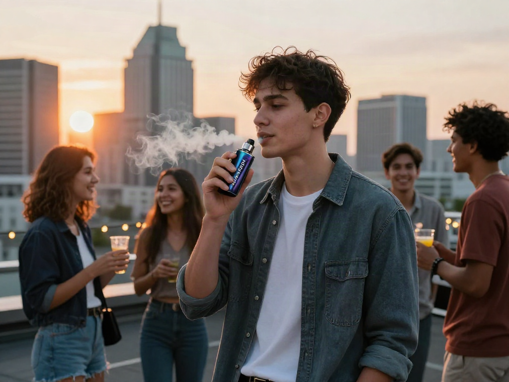 Enjoying the Hitz infinity Gen 7 disposable vape with friends at sunset