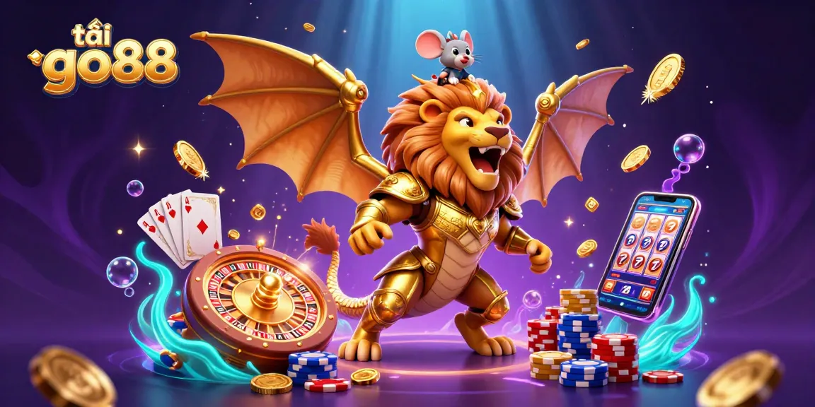 Experience tải go88 with a dynamic casino scene featuring a roaring chimera, golden coins, and lively gaming elements.