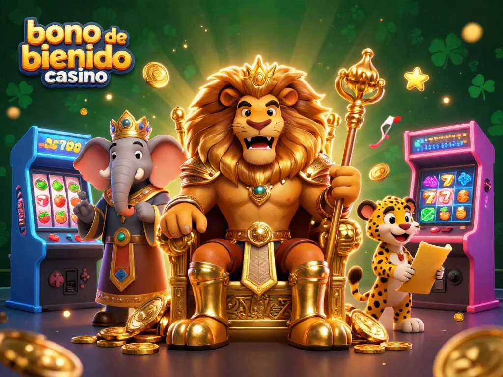 Explora el bono de bienvenida casino con un emocionante escenario de juego vibrante lleno de personajes animados y elementos de casino.