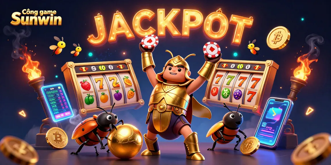 Cổng game Sunwin features a heroic beetle celebrating casino victories with vibrant slots and crypto elements.